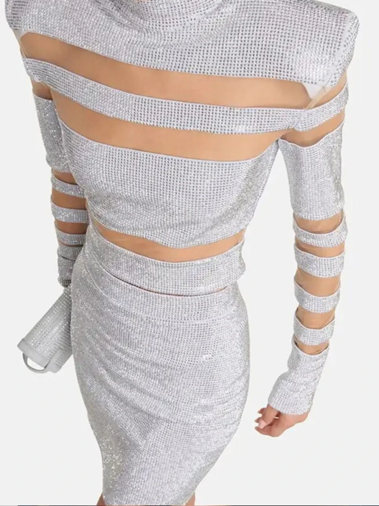 Sexy Two Piece Mesh Panel Bandage Set – Long Sleeve Crop Top & Mini Skirt Birthday Party Bachelorette Outfit