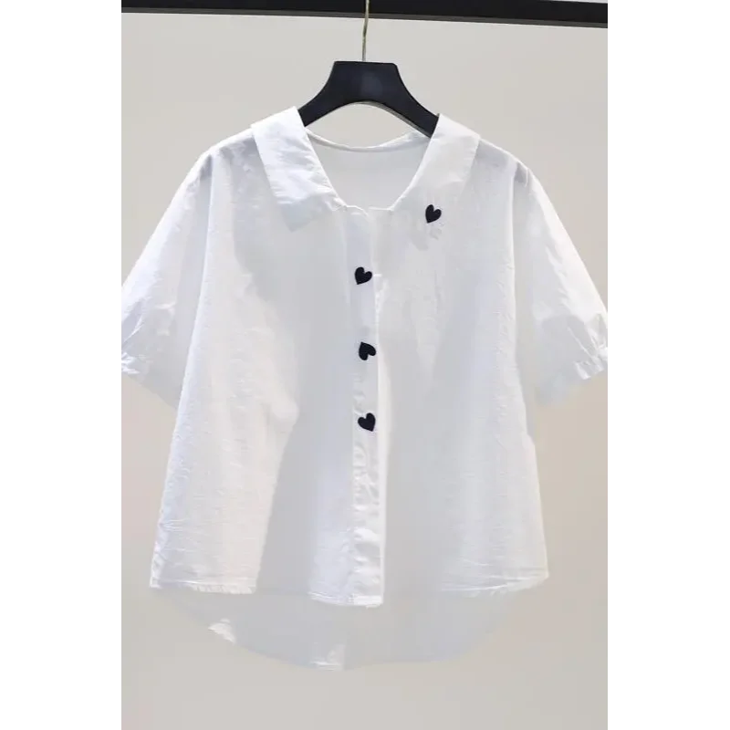 

Белая хлопковая рубашка с вышивкой Love для женщин, темпераментная мода 2025 года, свободный повседневный топ с короткими рукавами