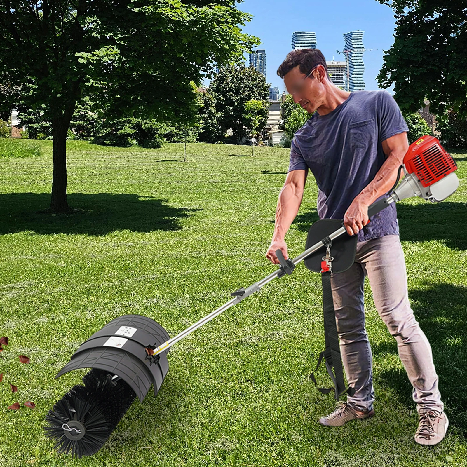 

2-Stroke 2.3HP Outdoor Hand Held Gas Power Broom 52CC Gas Hand Held Sweeper 1700W Artificial Grass Brush for Driveways Lawns