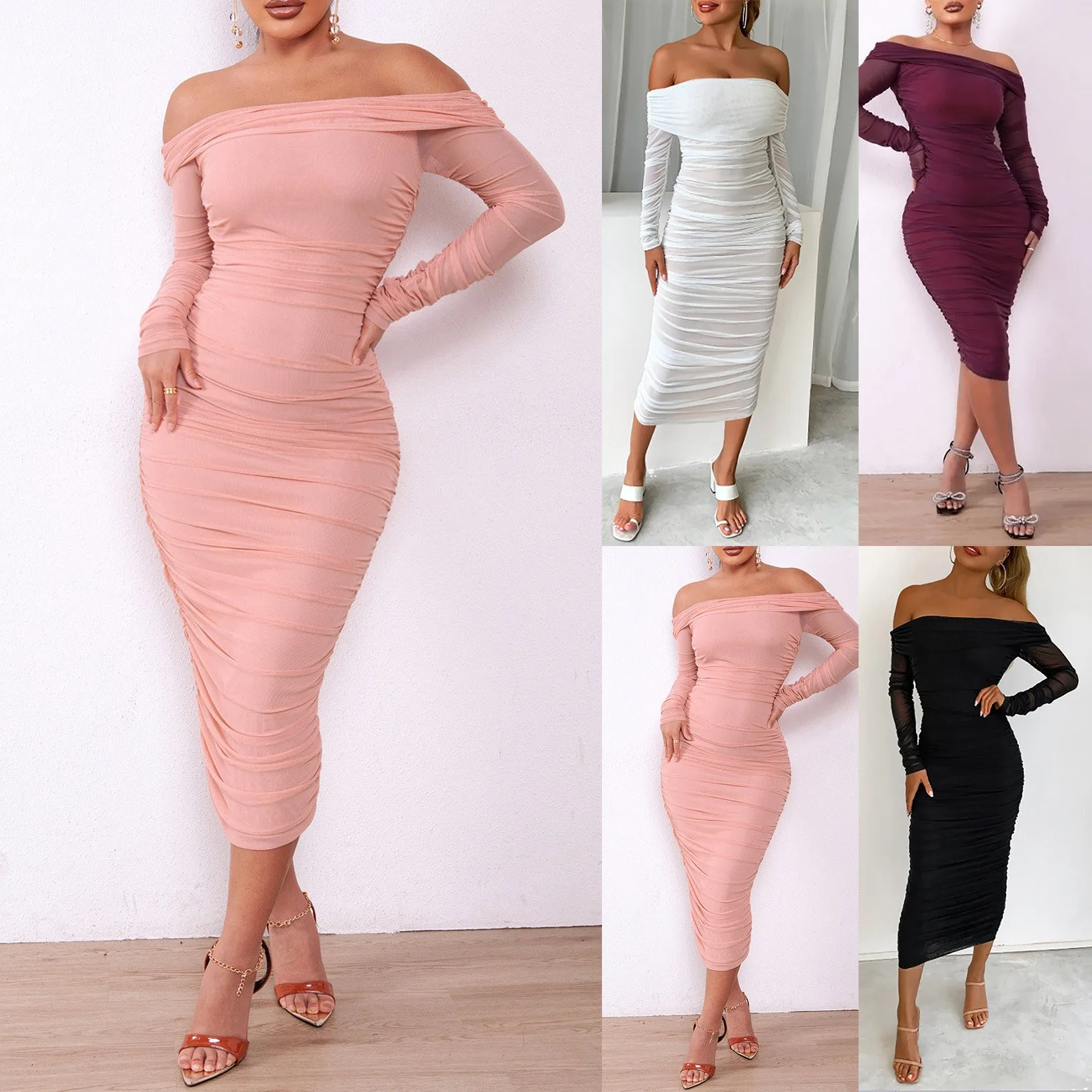 

Elegant Off Shoulder Mesh Party Dresses Women Clothing Sexy Club Backless Ruched Bodycon Dresses Long Sleeves Autumn Vestidos