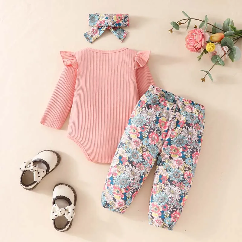 0-18 Months Newborn Baby Girls Clothes 3Pcs Set Pit Stripe Long Sleeve Bodysuit Printed Pants Baby Outfits