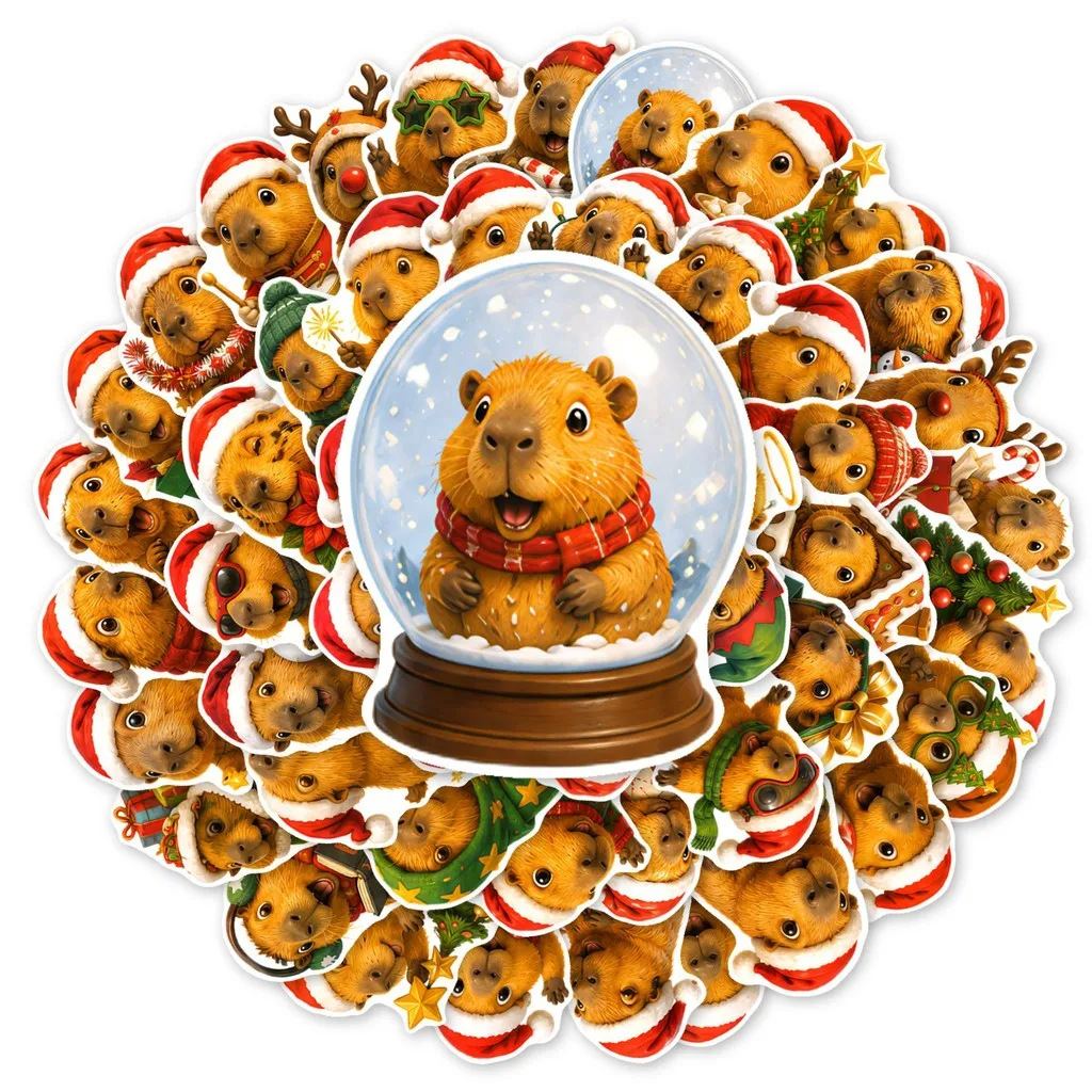50Pcs Capybara Christmas Cartoon Stickers, X‑mas Themed Decals for Journal Collage & DIY Golden Memory Stickers Store