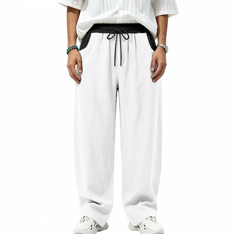 Men Linen Fashion Casual Pants, Contrast Spliced Waist Drawstring Elastic Waist Loose Wide Leg Trousers for Spring Autumn Daily