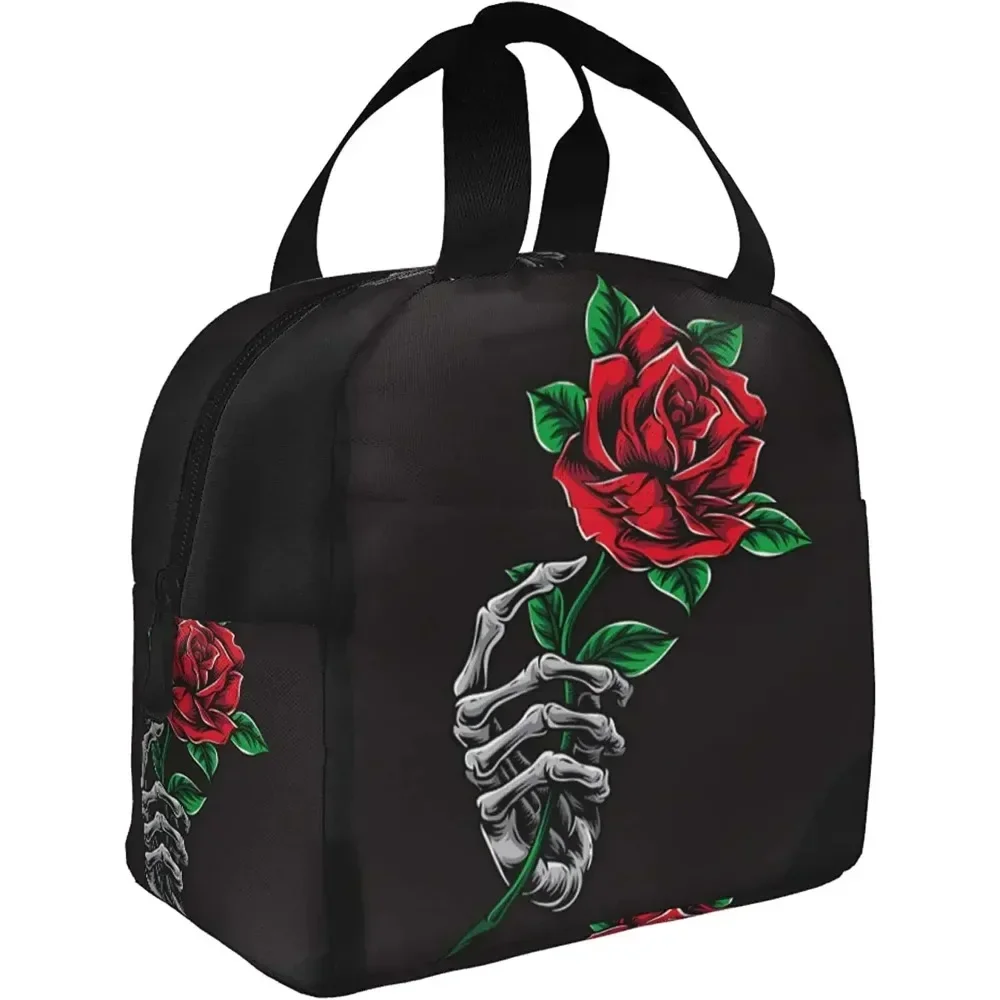 Skeleton Hand Holding Red Rose Lunch Bags Insulated Lunch Box Cooler Thermal Tote Bag Reusable for Work School Hiking Picnic