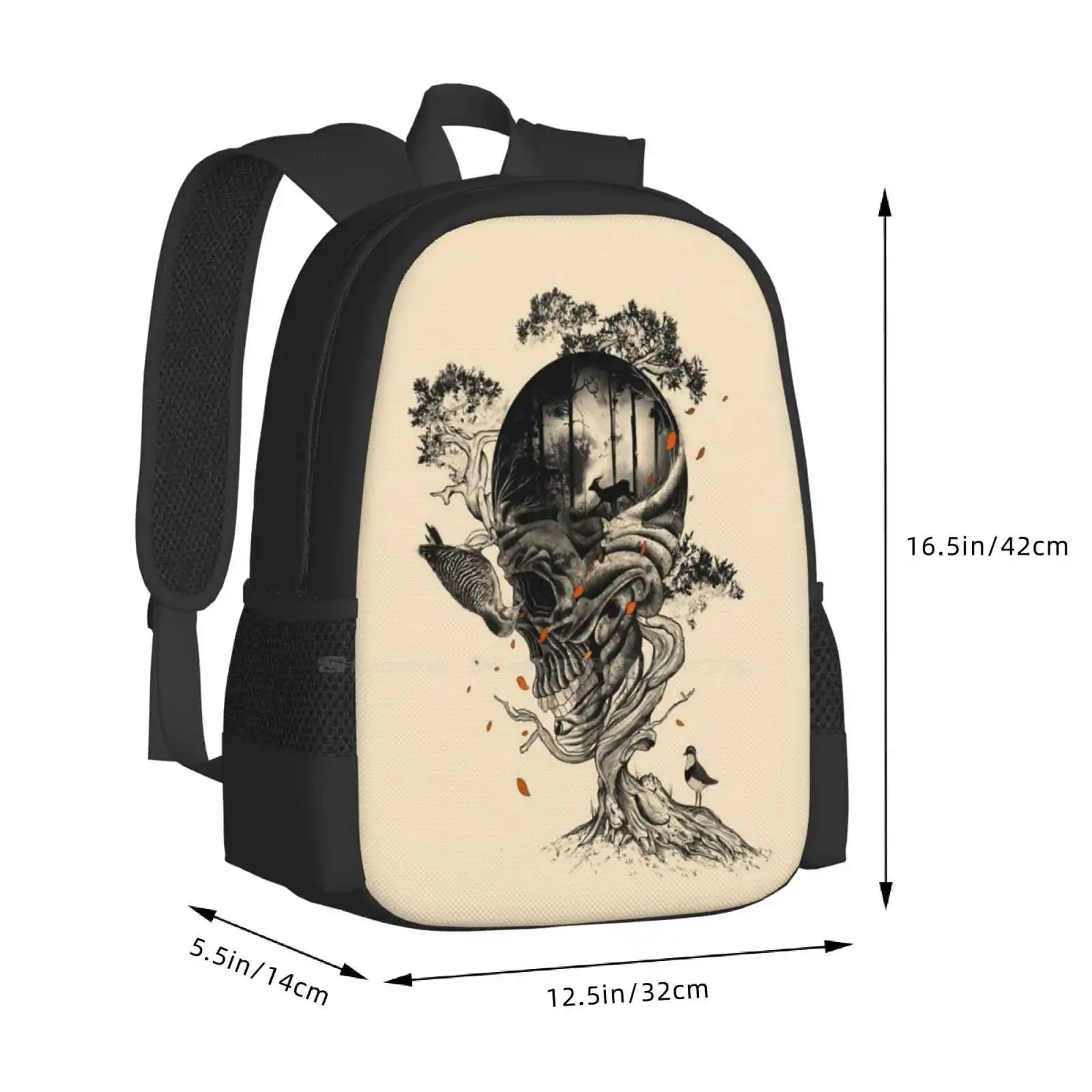 Mochila escolar de grande capacidade, sacos para laptop, crânio, flora, folhas, floresta de veados, perdido preto e branco, natureza selvagem vermelha, perdido