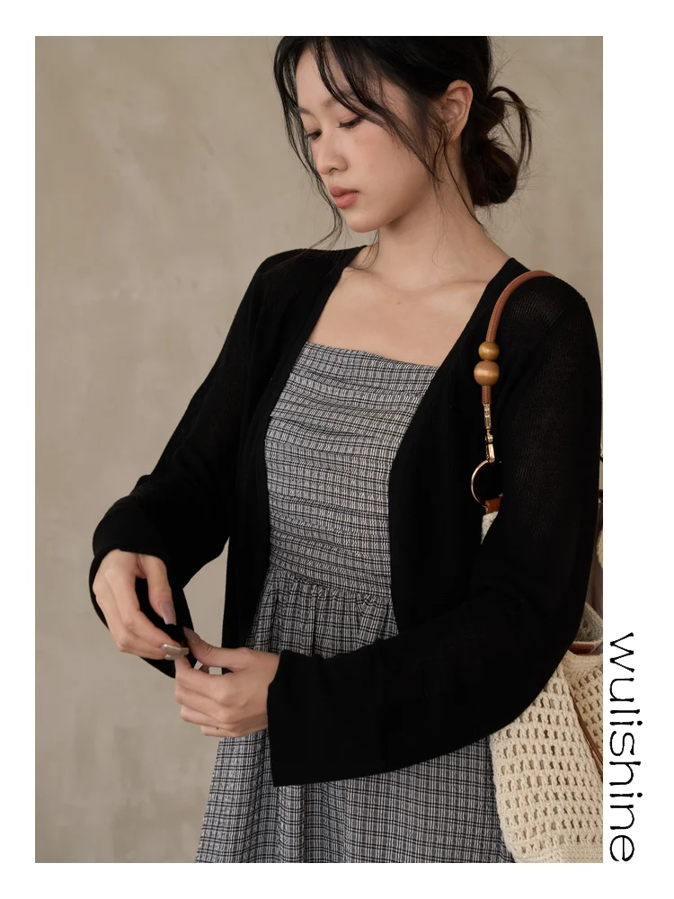 Black Women's Thin Silk Lyocell Knitted Open Cardigan Short Length Spring Summer Fashion Small Size Shoulder Baring Top