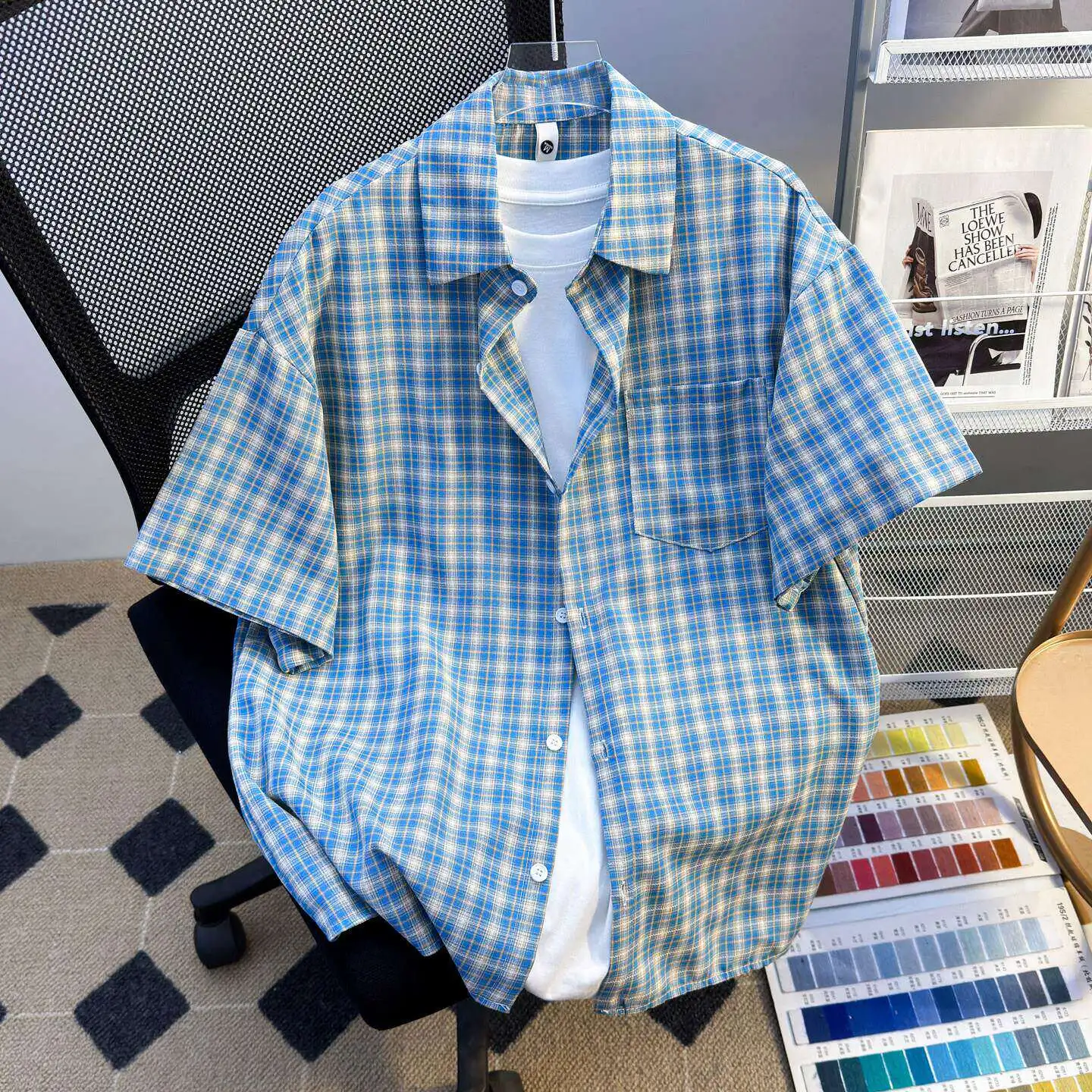 Summer Thin Plaid Short Sleeve Casual Shirt Men's Loose Fit Citywalk Fashion Trend Retro Style Ice Silk Youth Popular Shirt