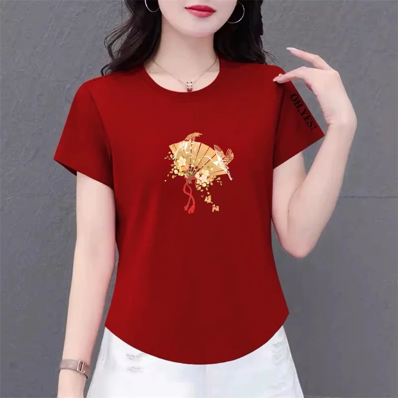 

Loose Short Sleeve Mommy Style T-Shirt for Middle-Aged Women Belly Covering Slimming Top Polyester Fiber round Neck Mid-Length