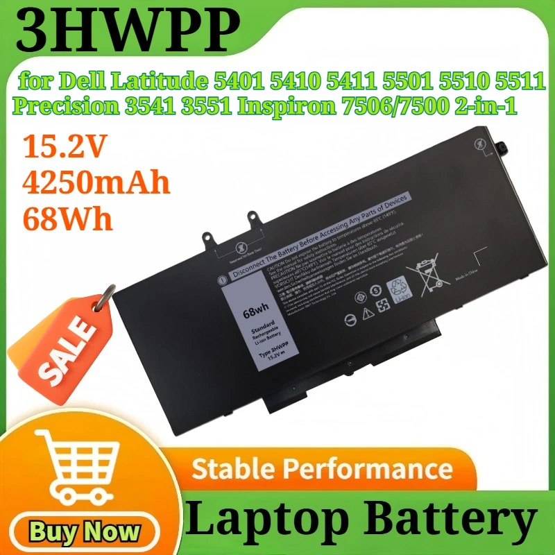 

3HWPP 15.2V 4250mAh 68Wh for Dell Latitude 5401 5410 5411 5501 5510 5511 Precision 3541 3551 Inspiron 7506/7500 2-in-1 Laptop