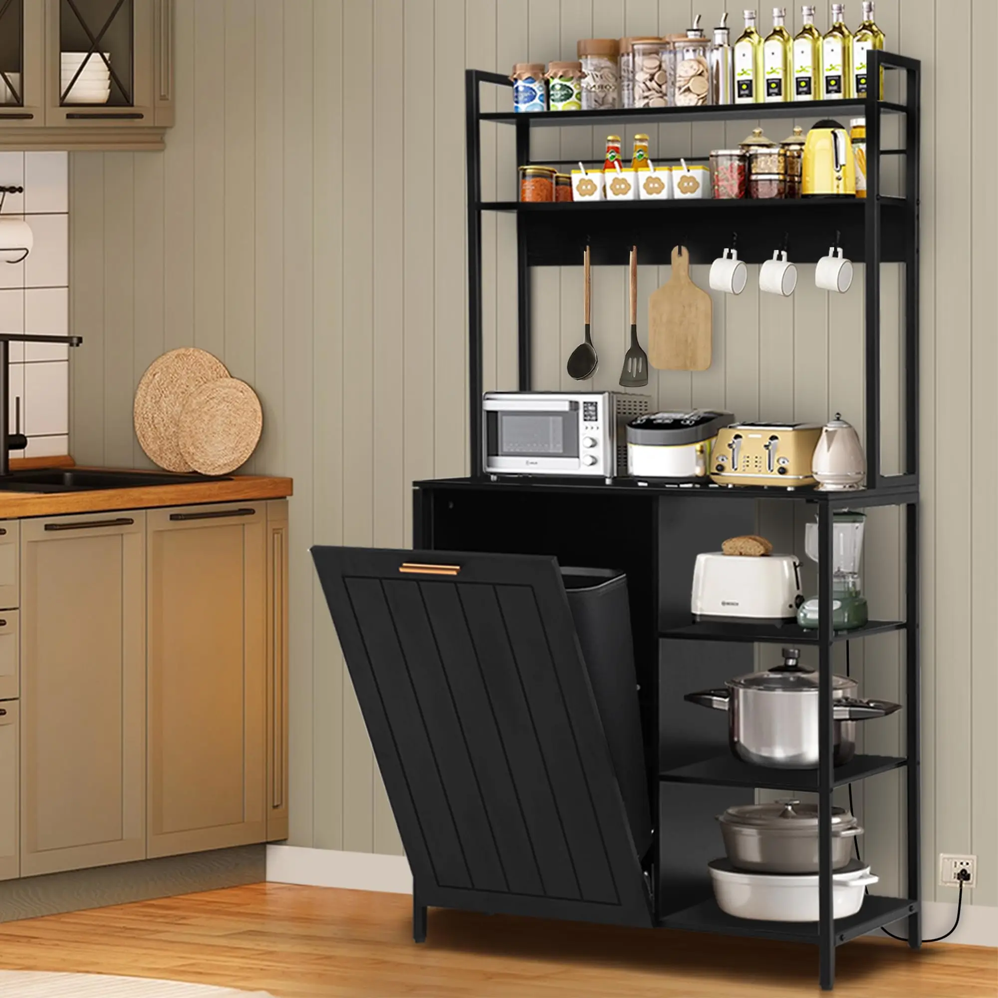 Kitchen Bakers Rack with Trash Can Bin Cabinet, Black