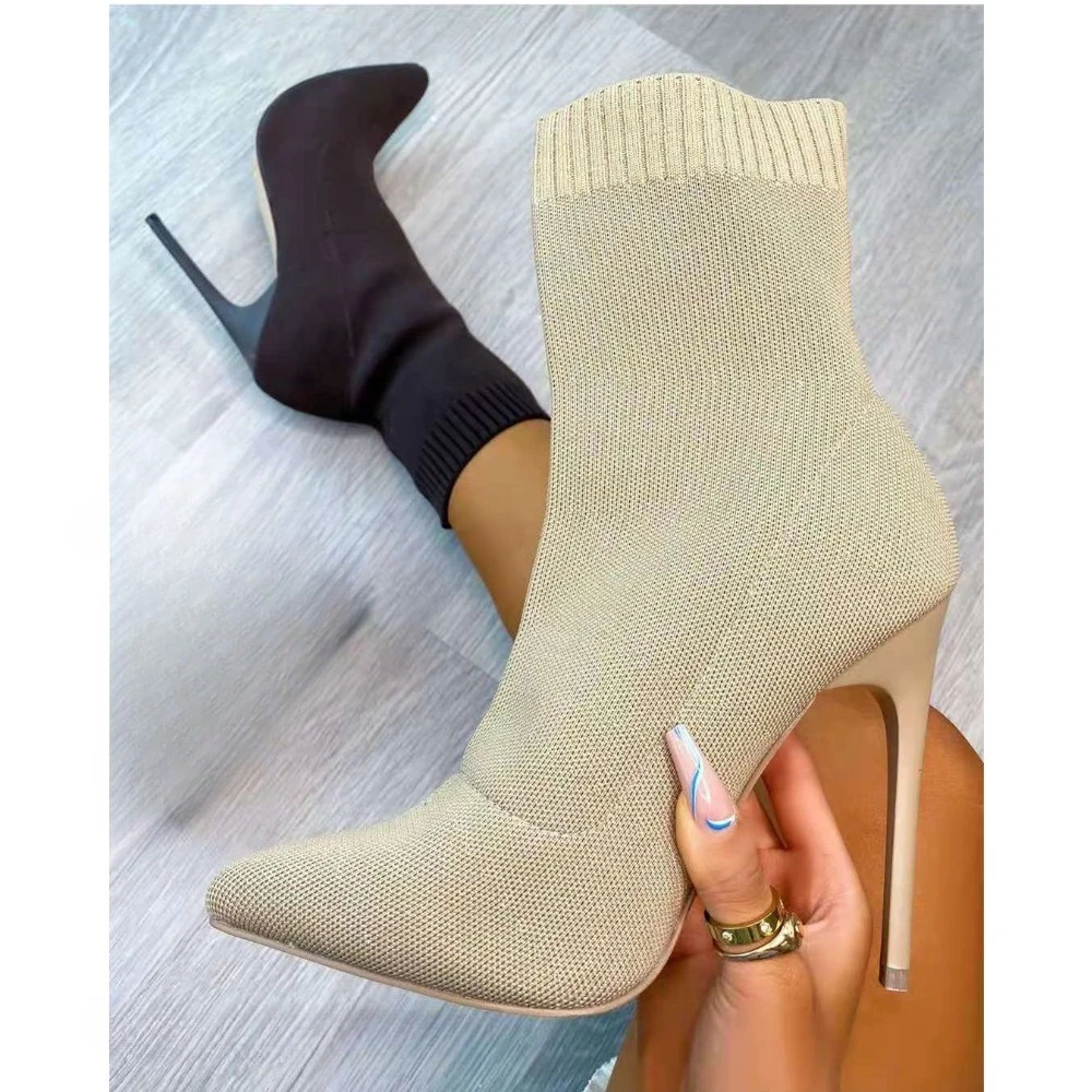 

New Elastic Knitted High Heel Pointed Toe Booties Mid-Calf Fashion Socks Boots for Women Autumn New Arrival Plus Size Available