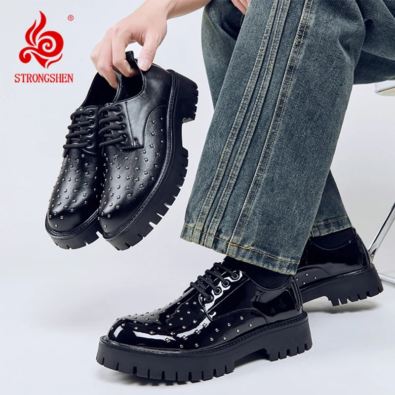 Men Rivet Chunky Derby Shoes Punk Style Patent Leather Platform Oxford Shoes Height Increasing Casual Dress Shoes for Men Black
