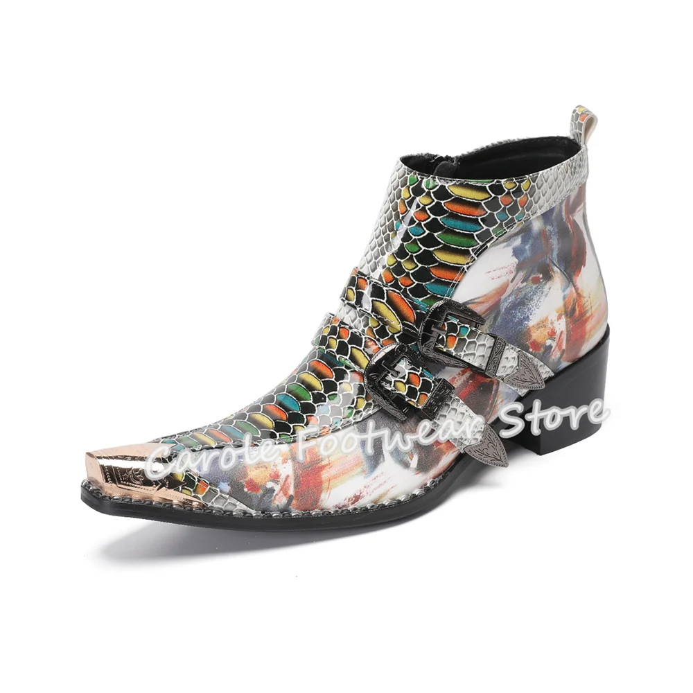 موضة جديدة مختلط اللون الجلود حذاء من الجلد للرجال المعادن أشار تو حزام مشبك تشيلسي الأحذية الذكور عالية أعلى تشيلسي الأحذية