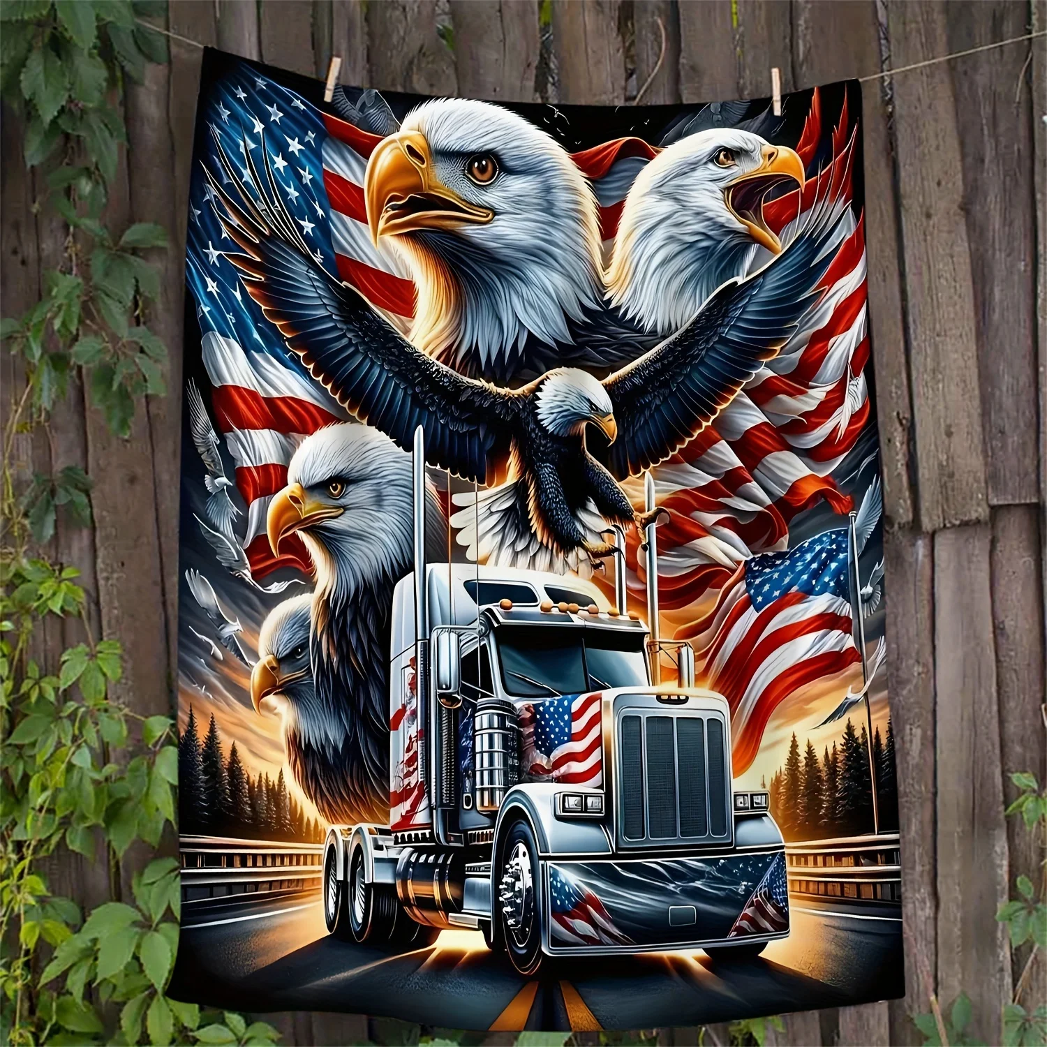 Eagle & Truck Patriotic Blanket – Soft Fleece Throw with American Flag Design for All-Season Gifting