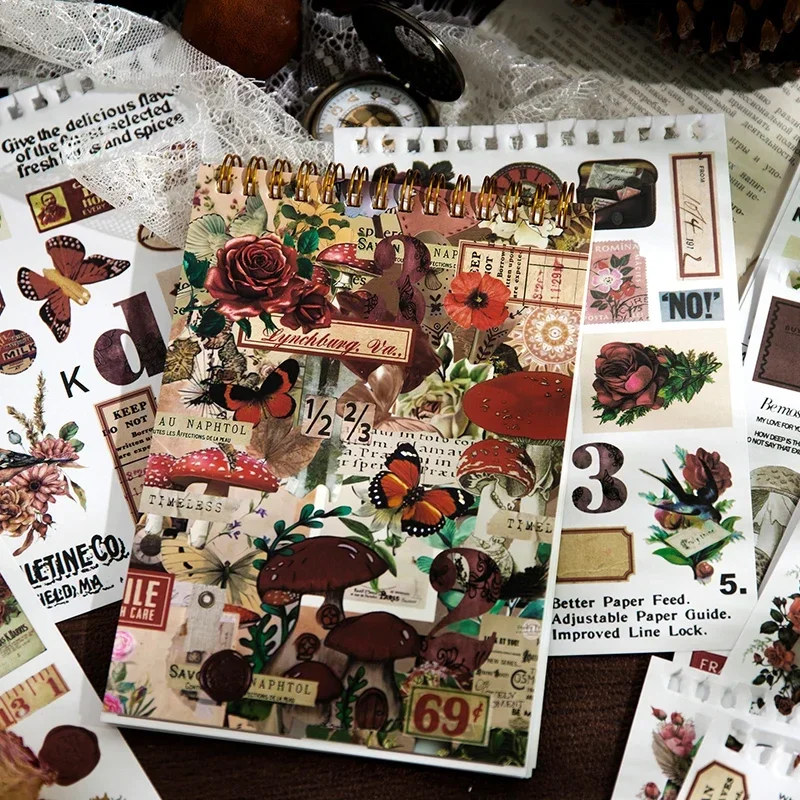 50 Sheets Stickers This vintage life record series vintage art butterfly flower label ledger decorative materials 4 Choices