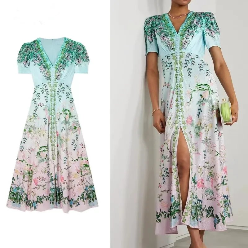 Vestidos vintage de manga curta com decote em V Boho, estampa de flores, algodão e linho, moda casual verão, novo, 2024