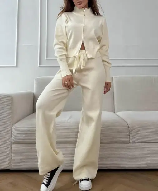 

Autumn and Winter 2025 New Solid Color Commuting Double Zipper Slim Fit Sweater and High Waisted Lace Up Straight Leg Pants Set
