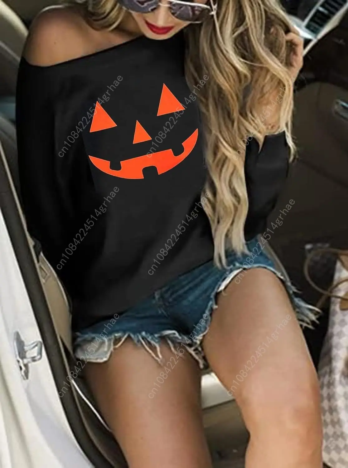 Halloween Sweatshirt Dames Off Schouder Heksenkostuum Pompoen Sweatshirts met lange mouwen