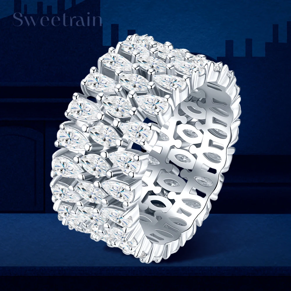 6.9cttw All Moissanite Ring S925 Silver 3 Rows Pear Marquise Cut Full Eternity Diamond Ring for Women Wedding Party Fine Jewelry