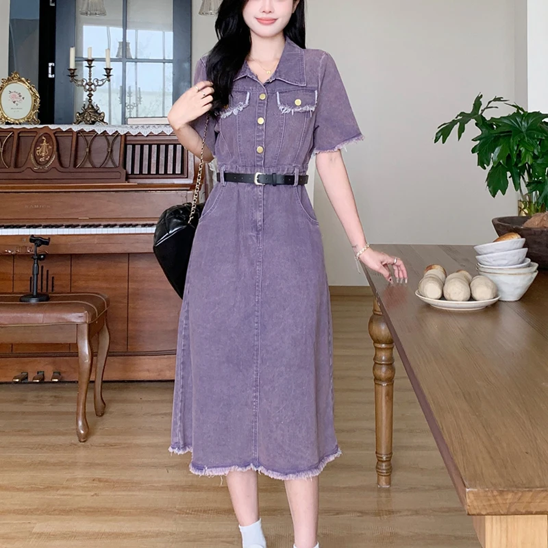 

Purple Denim Dress For Women Summer Elegant Turn-down Collar Short Sleeve Vestidos Mid Length Slit Raw Edge Female Dress