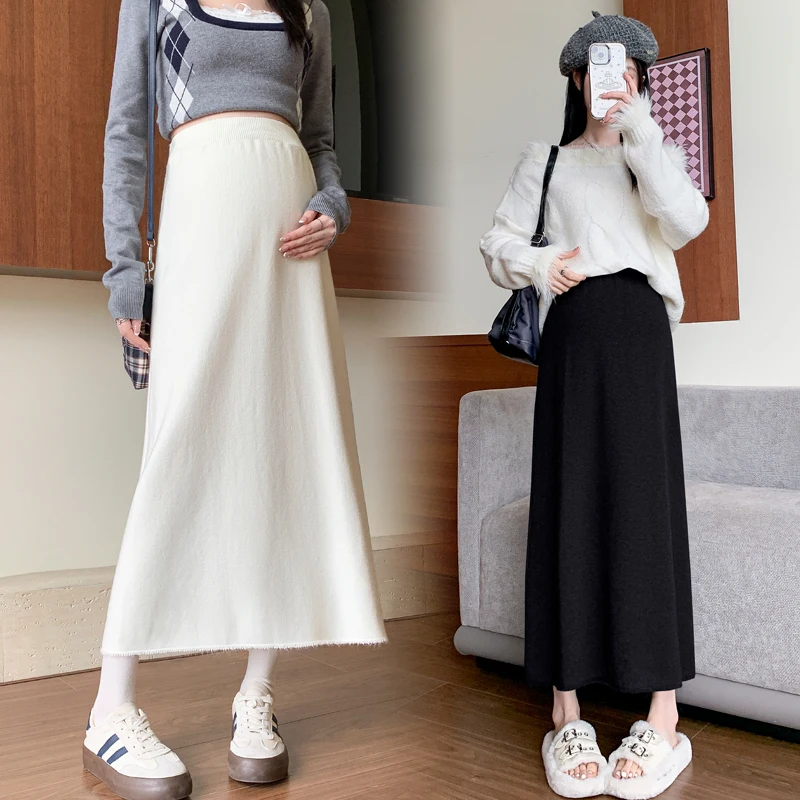 

Maternity Wear Autumn Winter New Knitted Wool Fringe Skirt Casual Slimming Loose Fit A-Line Skirt Clothes for Pregnant Women
