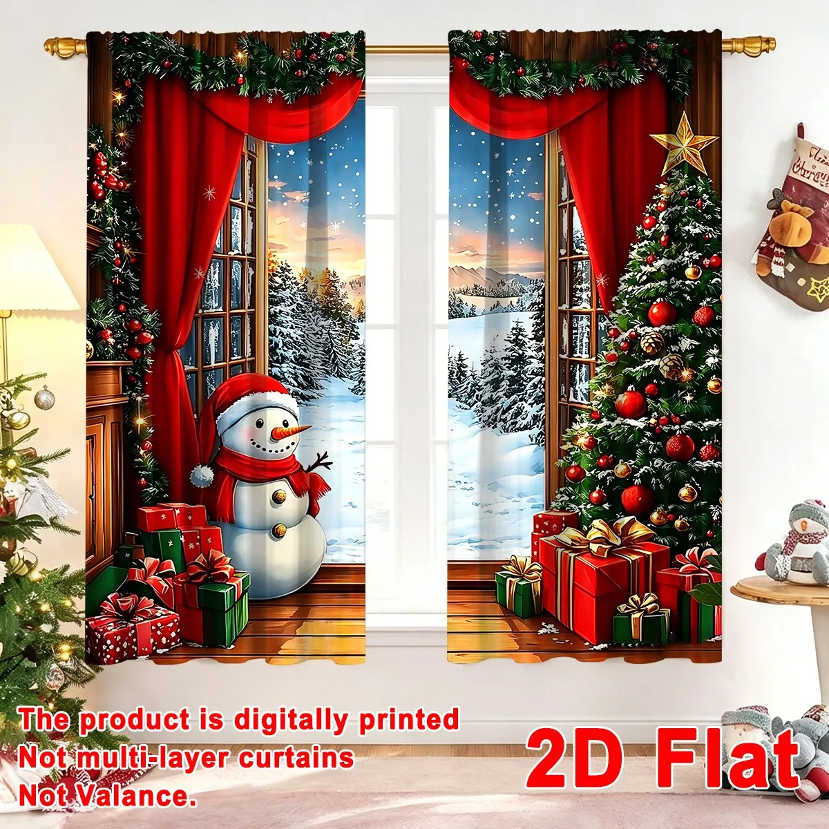 2pcsFestive Christmas Curtains Snowman Xmas Tree Design Polyester Curtains with Rod Pocket for BedroomChristmas Deocrations 2026