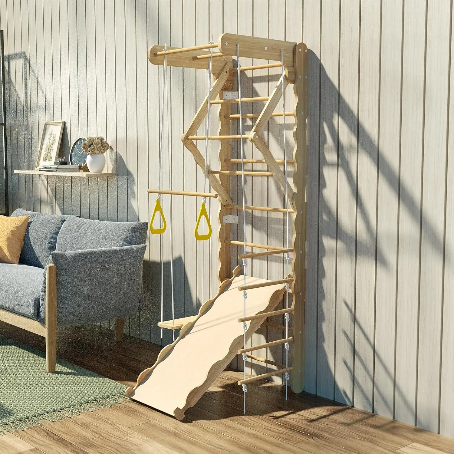 5-in-1 Wooden Indoor Jungle Gym for Kids, Wall-Mounted Swedish Ladder with Pull-Up Bar, Rings, Swing, and Slide – Montessori-Ins