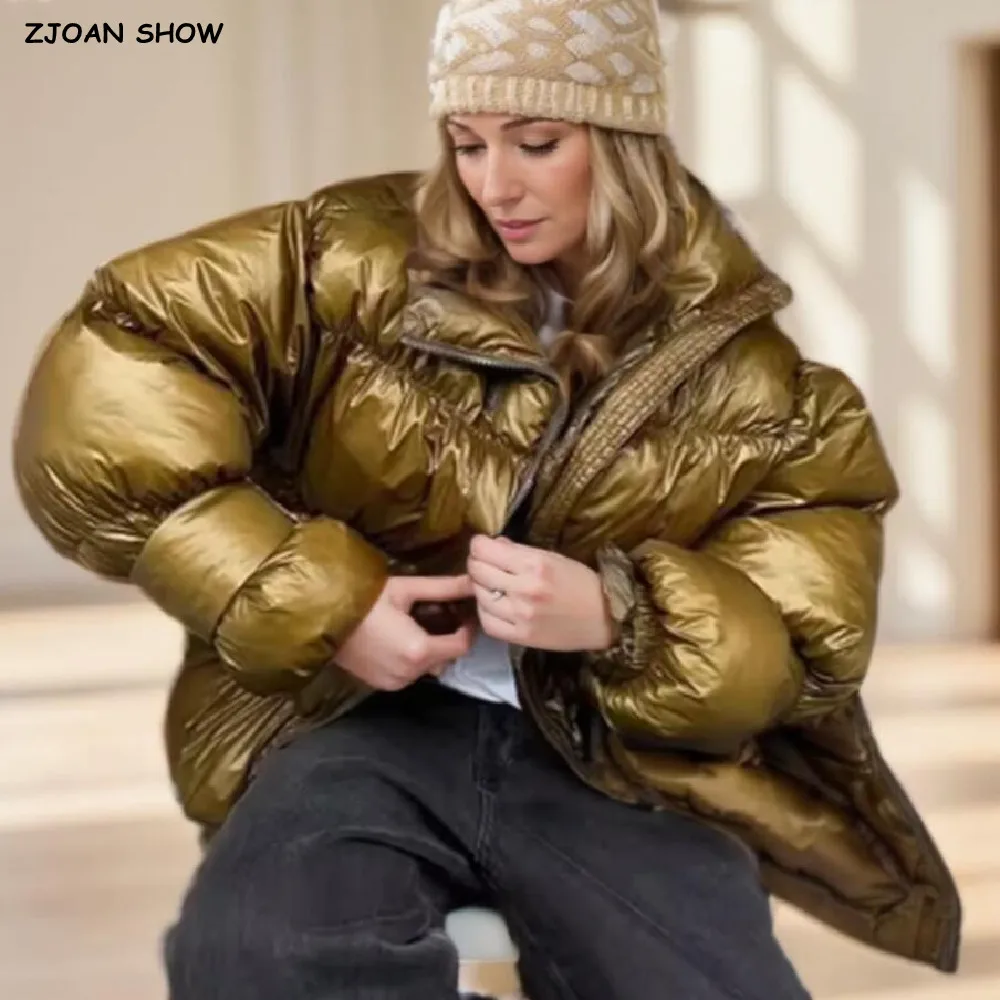 

Новая зимняя модная женская золотистая зимняя парка с двойной молнией, женская парка-стойка с воротником-стойкой и пряжкой, верхняя одежда большого размера с длинными рукавами