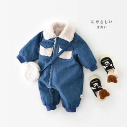 2024 Korean Autumn Winter Infant Boys Jumpsuit Cotton Denim Thick Single Breasted Romper Patchwork Fluffy Toddler Boys Outfit