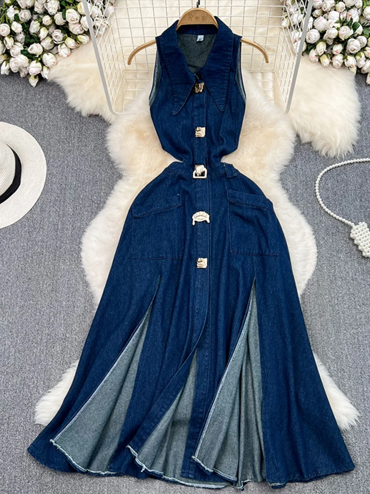 Sexy Denim Women Sleeveless Long Dresses V Neck Split High Waist Female Dress 2024 Summer Lady Turn-down Collar Hollow Out Robe - AliExpress 200000345 Sexy Denim Women Sleeveless Long Dresses V Neck Split High Waist Female Dress 2024 Summer Lady Turn-down Collar Hollow Out Robe - AliExpress 200000345