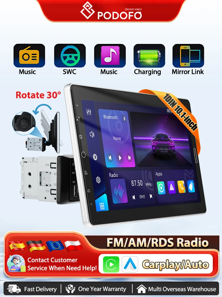 Podofo 10,1-Zoll-Autoradio mit drehbarem Bildschirm, einzelnes Din-Autoradio, unterstützt drahtloses Carplay, Android Auto, FM/AM/RDS-Radio