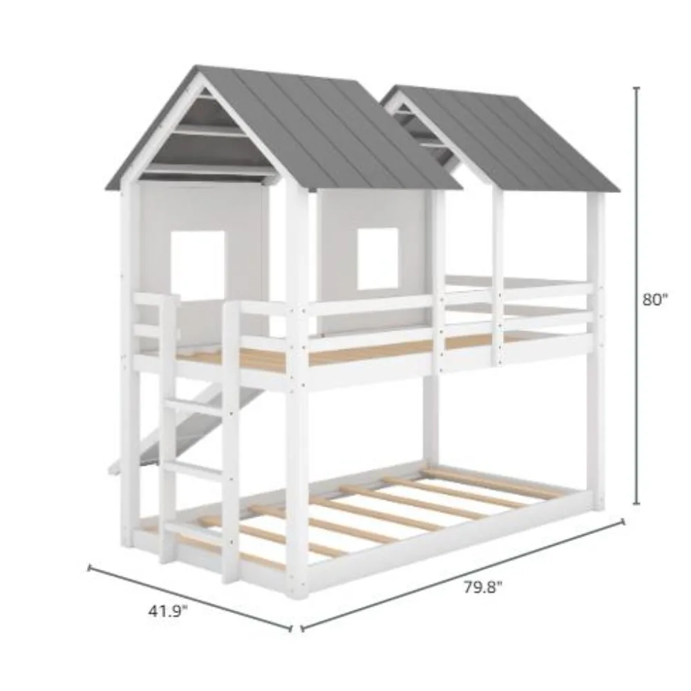 Wooden Bunk Bed with Windows, Ladder, Guardrails and Twin Size Children Furniture,Modern Children Beds Playhouse Bunk Bed