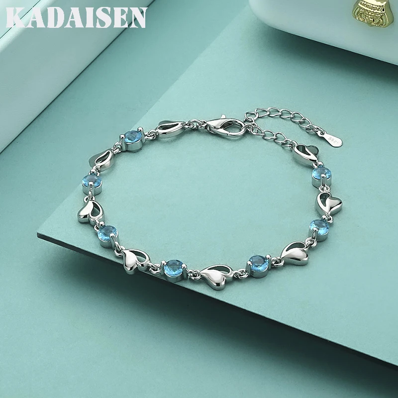 Neues Armband aus 925er Sterlingsilber, hochwertiger Retro-Schmuck, schlicht, farbig, herzförmig, mit Zirkonia, Länge 17 cm + 4 cm