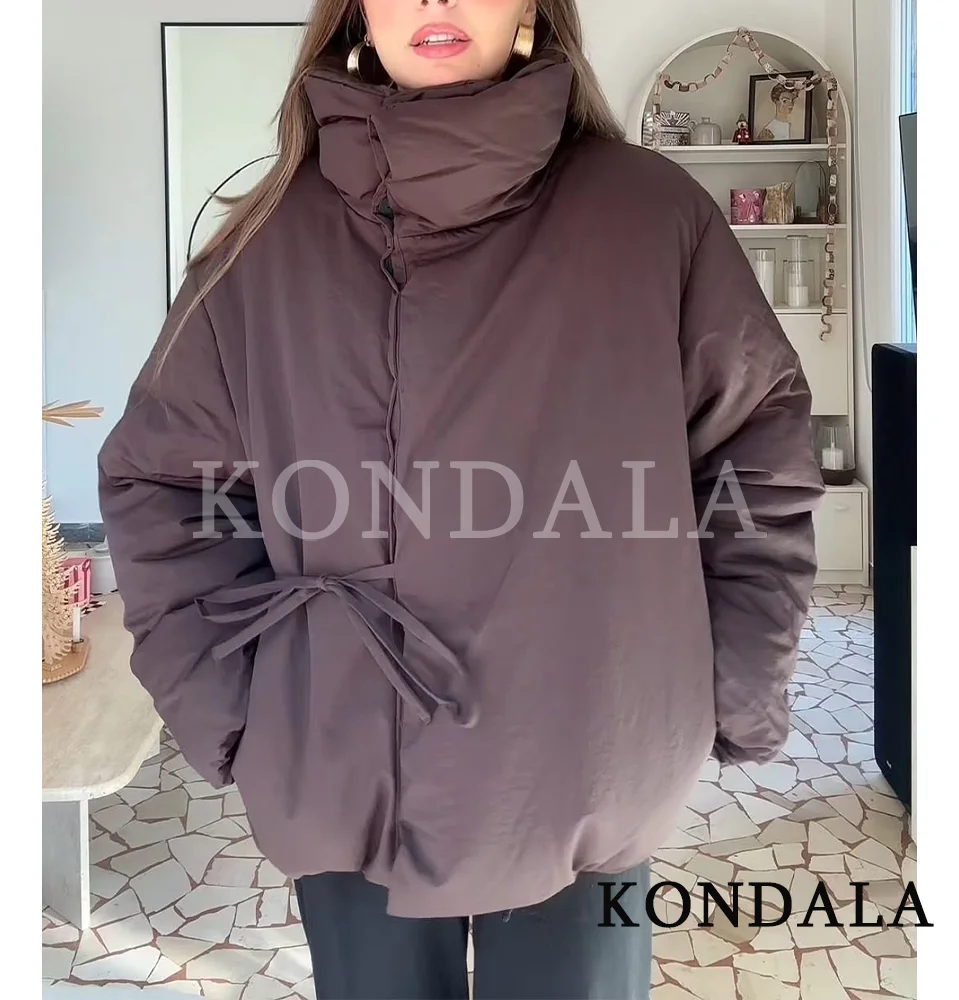 KONDALA Fall Winter Padding Coat Coffee Brown Lace-up Stand-up Collar Jacket Women 2025 Fashion Elegant Casual Versatile Jacket