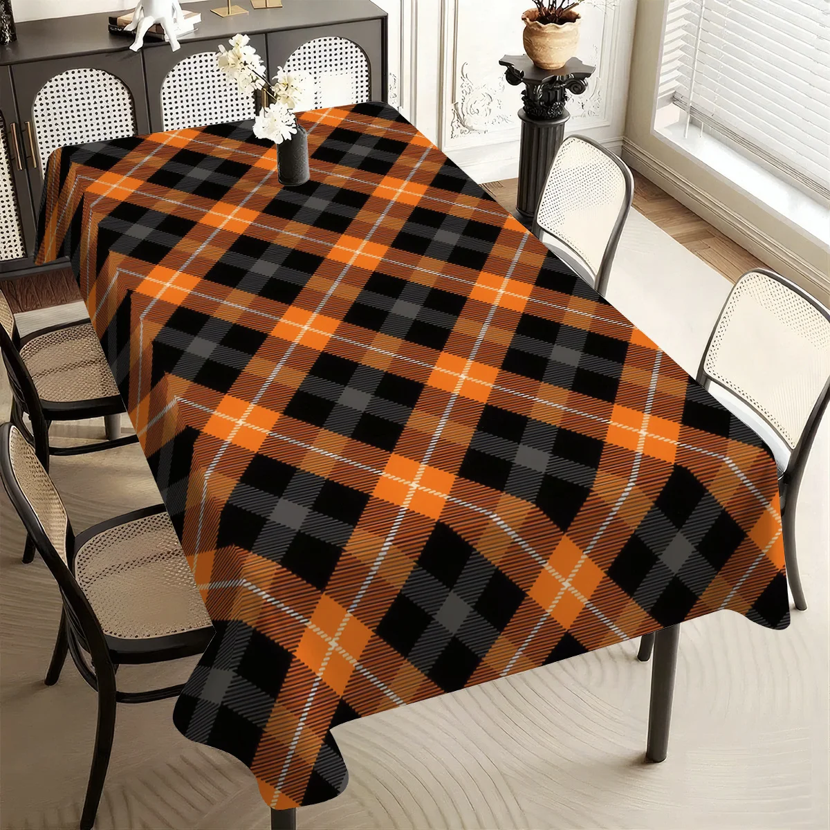1pc Simple And Versatile Orange And Black Checkered Contrast Color Print Foldable And Easy-to-Store Polyester Halloween Tableclo
