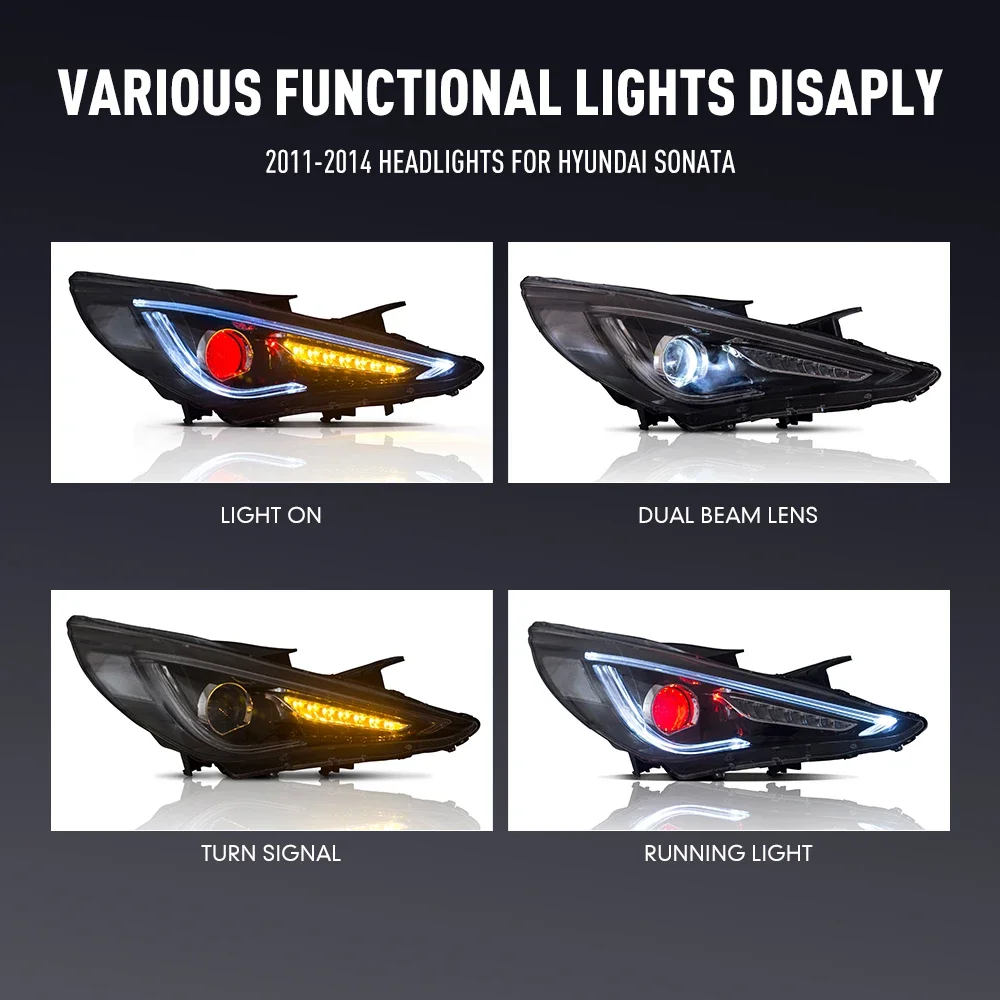 ชุดไฟหน้ารถยนต์ LED สำหรับ Hyundai Sonata ปี 2011-2014 ไฟหน้าด้านหน้าพร้อมไฟ DRL และไฟเลี้ยว แบบเสียบปลั๊กใช้งานได้ทันที