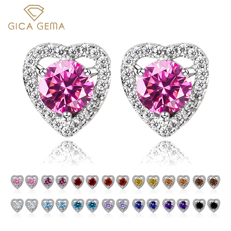 Gica Gema 1pair/2pcs 6.5mm Crystal Heart Earrings Women's S925 Sterling Silver Wedding Engagement Ear Studs Fashion Jewelry Gift