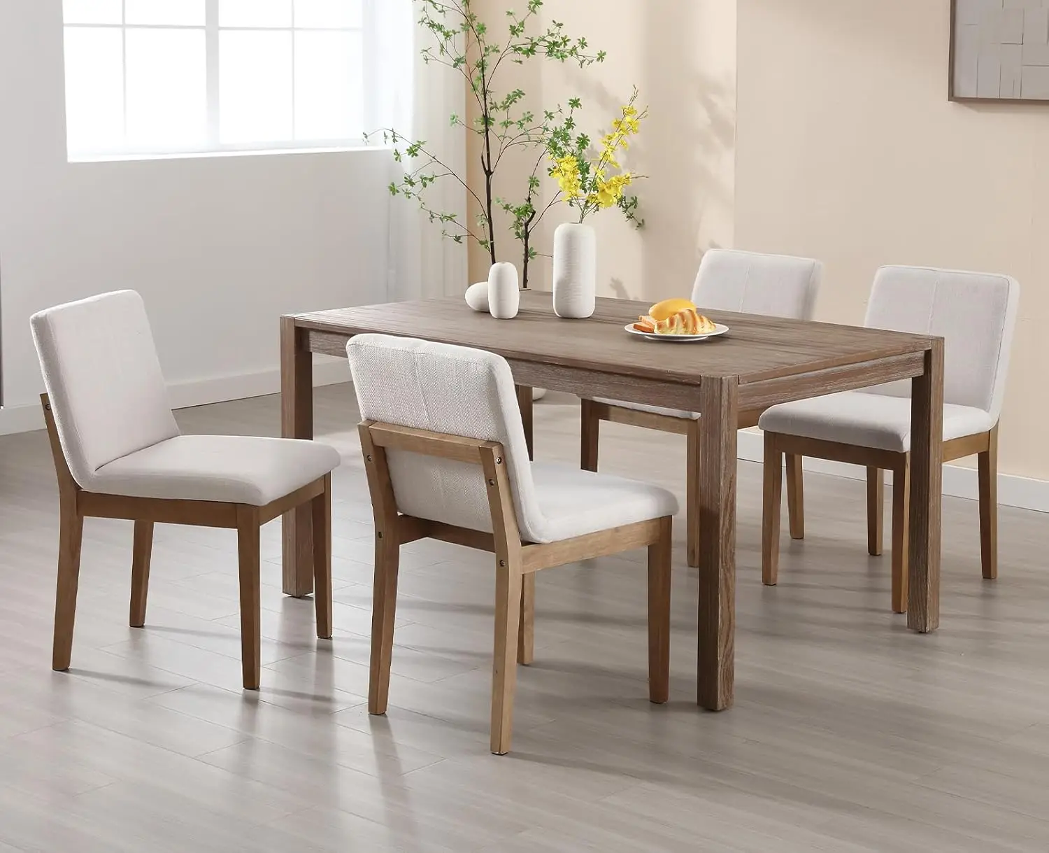 Modern Dining Chairs Elegant Kitchen Chairs Linen Fabric Armless Wood Chairs Upholstered  Dining Room Living Room Set of 4 Beige