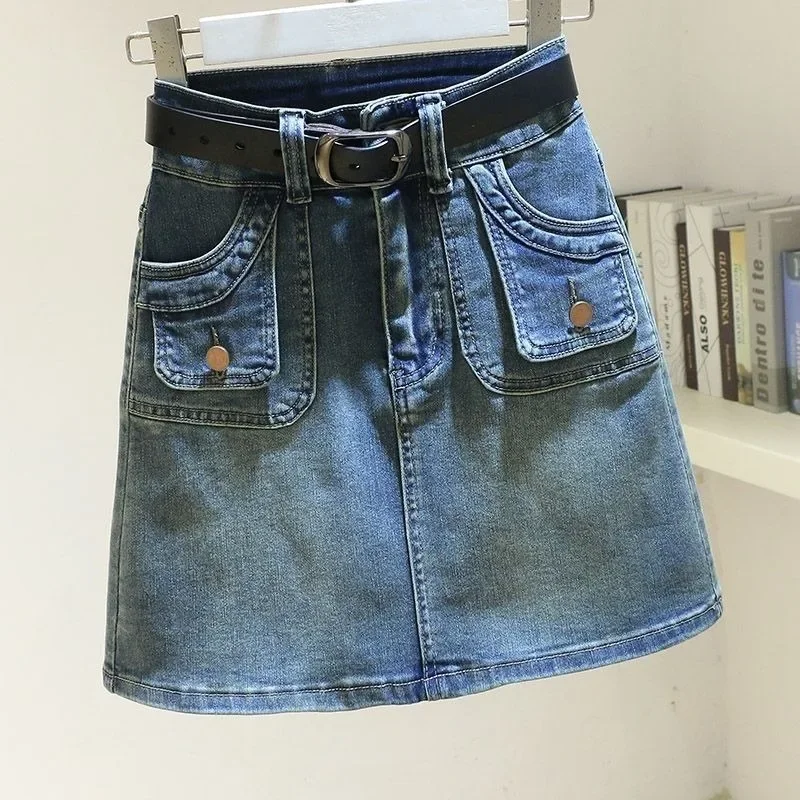 

Women's Denim Skirt Zipper Blue High Waist Short Coquette Mini with Pocket Female Jeans Skirts Tight Gyaru Sexy Wrap Premium V