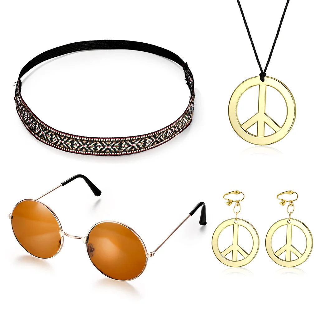Ecoparty Hippie Women Set Peace Sign Necklace, Earrings, Headband, and Sunglasses 60s 70s Accessories Groovy Party Decoration 5