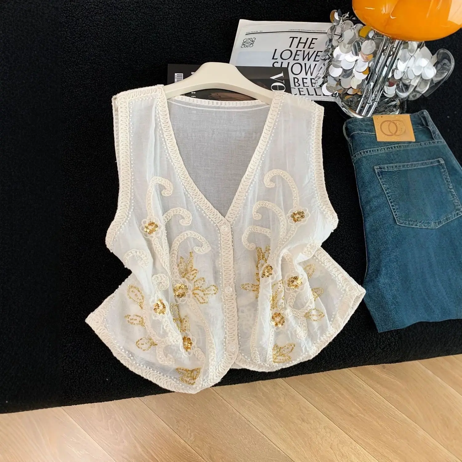 Women Light Luxury Sleeveless Top White V Neck Beaded Edge Embroidery Gold Floral Button Front Semi Sheer Summer Casual Vest