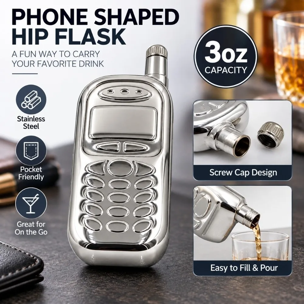 3oz Capacity Phone Shaped Hip Flask Phone Shape Design Fall-Resistant Stainless Steel Whisky Flagon Stainless Steel Non-Broken