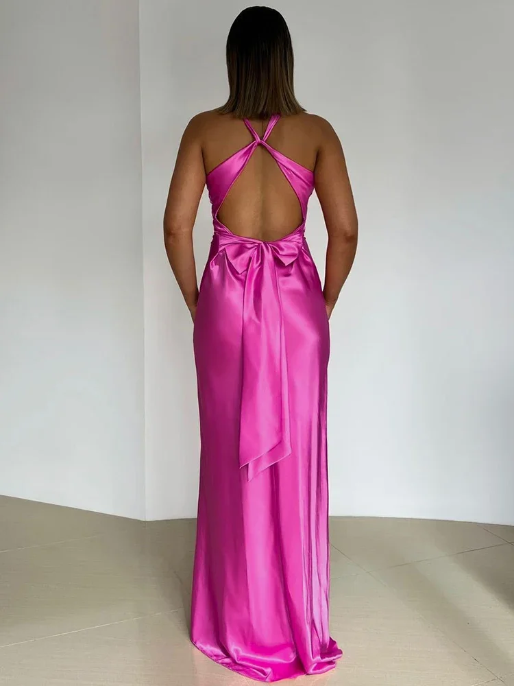 Mozision Satijnen Strik Backless Sexy Maxi Jurk Voor Vrouwen Jurk Mode V-hals Mouwloos Club Feestavond Jurk Elegant