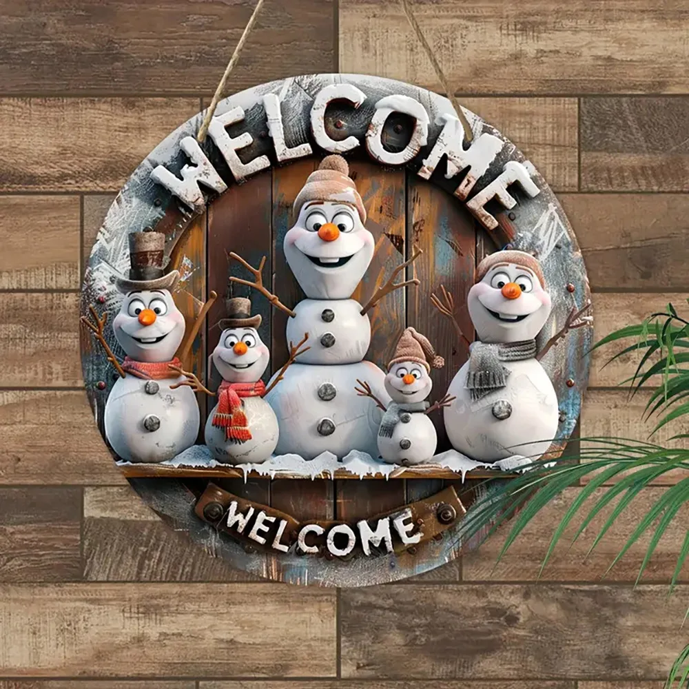 Vintage Snowman Welcome Sign - 20cm x 20cm Wooden Holiday season Decor for Front Door, Room Aesthetics & Holiday Parties - Perf