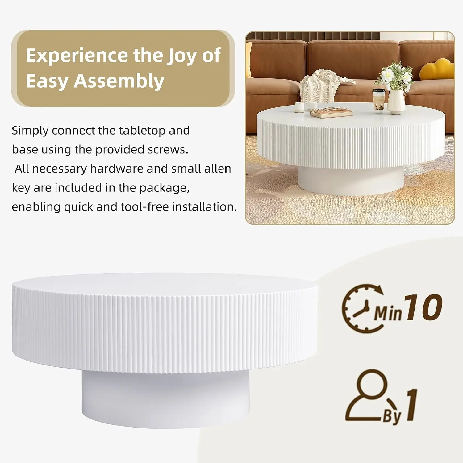 Modern Round Coffee Table With Sturdy Circular Base, Wood Center Table For Living Room Reception Room Office, Easy Assembly Circular Accent Furniture Piece, White