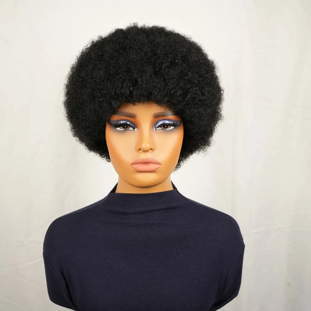 아프로 곱슬머리 픽시컷 인모 숏 가발 여성용 풀머신 메이드 가발 인모 블랙 컬러 자연스러운 가발