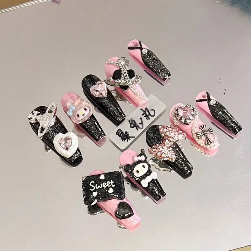 Kawaii Kuromi My Melody Diy False Nails Patch Anime 3D Doll Handmade Reusable Long Coffin Stiletto Manicure Stickers Gifts Toys