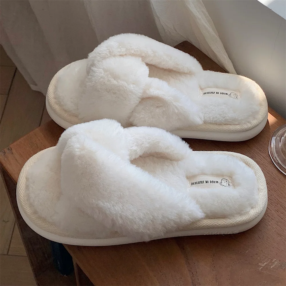 2022 New Fashion Cross Fluffy Fur Slippers Women Winter Home Fur Home Slippers Flat Indoor Floor Shoes Home Indoor Warm Slippers