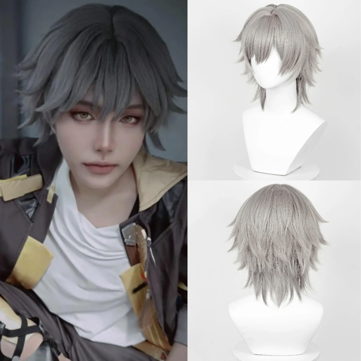 

Men Cosplay Wig Synthetic Short Straight Grey Wig Game Anime Fluffy Layered Wig For Daily Party Heat Resistsant Fiber