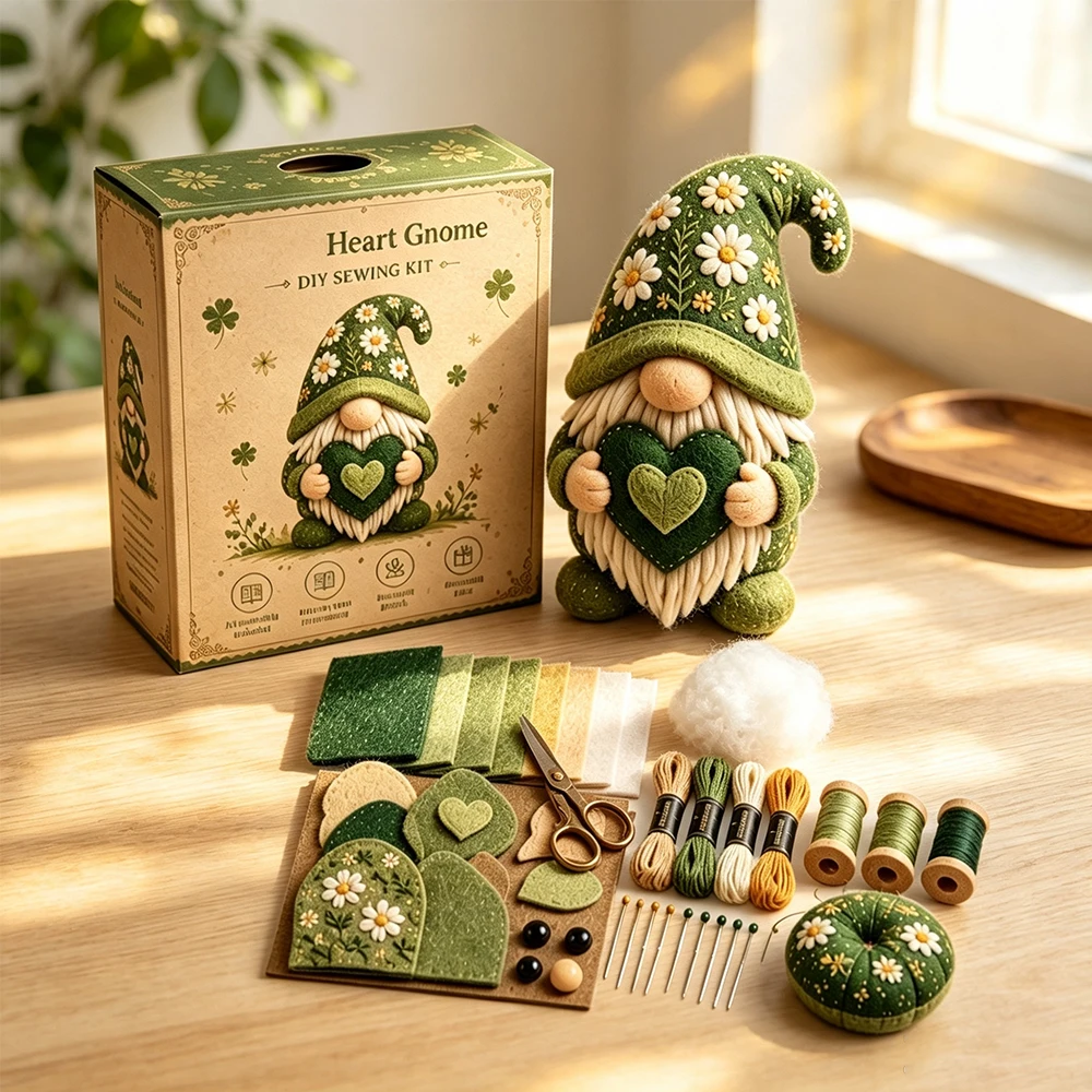 Image of Anfängerfreundliches Gartenzwerg-Nähset mit vorgeschnittenem Filz. Vier einzigartige Designs für Dekoration & individuelle handgefertigte Geschenke